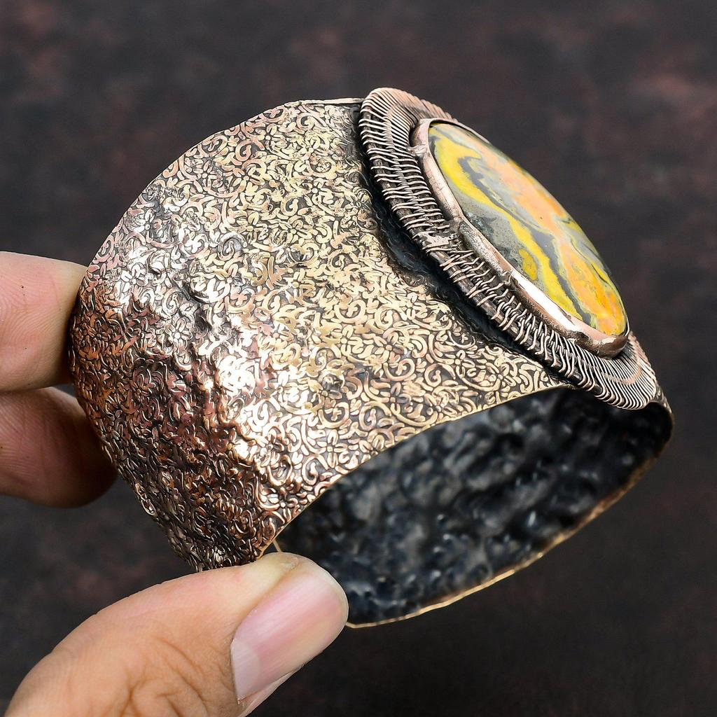 Браслет-манжета из яшмы с шмелем, медная проволока, ювелирные изделия из драгоценных камней, регулируемый браслет-манжета ручной работы, свадебный подарок, браслет из медной проволоки