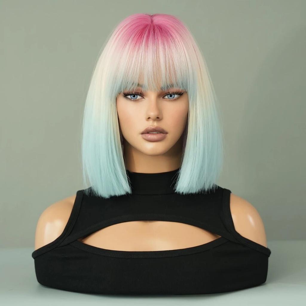 Короткие прямые розовые градиентные синие парики с челкой, парик из натуральных синтетических волос для женщин, повседневный парик для косплея в стиле Лолиты, вечерние