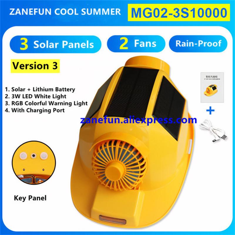 Шлем с 3 солнечными панелями, 2 вентиляторами, светодиодной подсветкой, RGB-предупреждением, перезаряжаемой литиевой батареей, Power Bank, для работы на открытом воздухе, солнечный вентилятор, ABS-кепка
