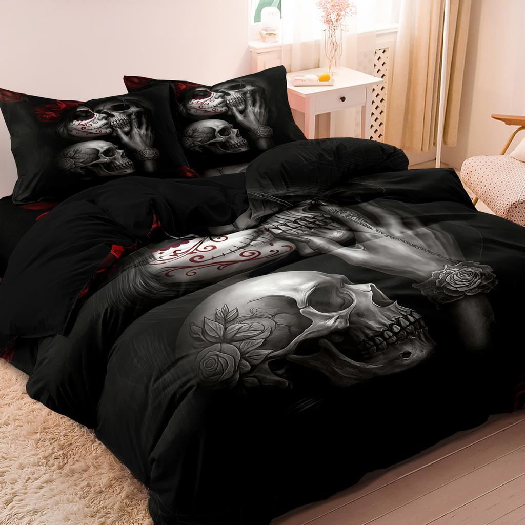 3 предмета Готический мексиканский сахарный череп Женщина Пододеяльник Постельное белье Цветочные и черепные узоры - Идеально для празднования Дня мертвых