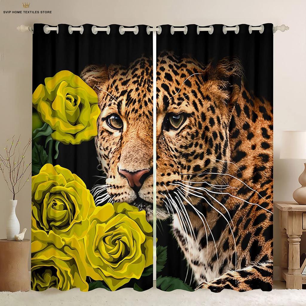 Занавеска с изображением розового цветка и тигра, напечатанная на 3D-принтере, занавеска в стиле ретро, украшение окна, карман для штанги, украшение для дома, 2 шт.
