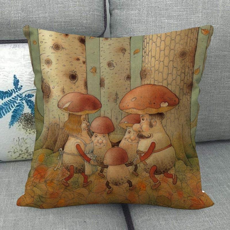 45X45см Наволочка с грибным артом Квадратная на молнии Хлопково-льняные наволочки Спальня Дом Офис Декоративная наволочка WJY12.25