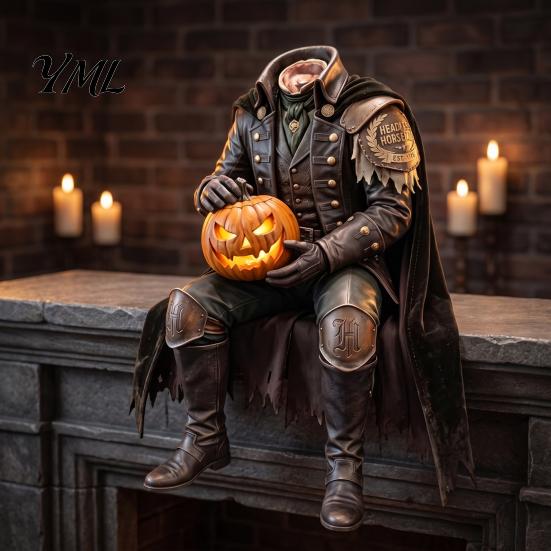 Handmade Legend Collectible Resin Headless Horseman Statue with LED Warm Glow, Lighted Halloween Party Props Sculpture, Gothic Tabletop Decor