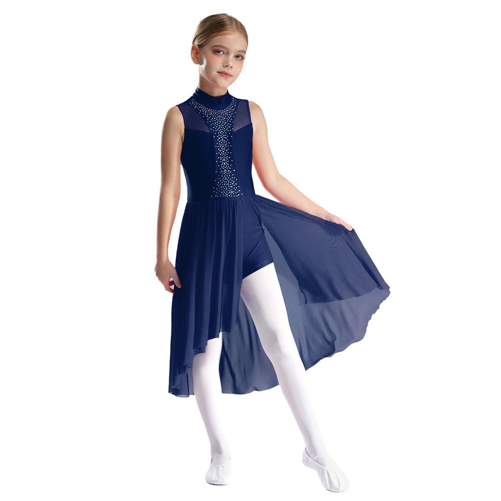 Kids Girls Figure Skating Dance Dress Sleeveless Mock Neck Cutout Back Side Split Asymmetrical Hem Sparkly Rhinestone Dresses