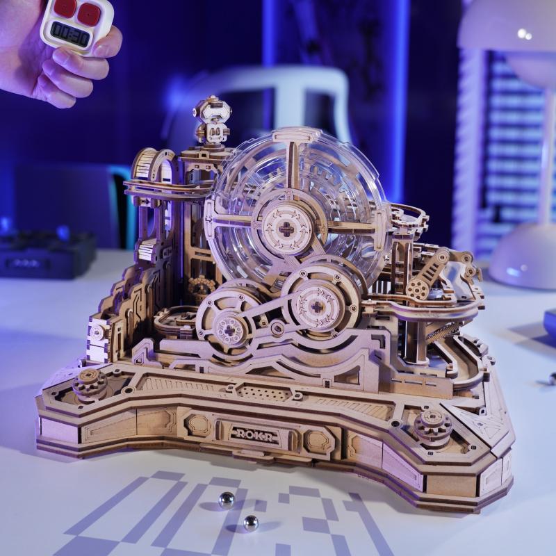 Robotime Rokr Wooden Puzzles 3D Gear Ball Challenge Machine Mechanical Model DIY Pinball Game Model Kits for Adult Teens EGC01
