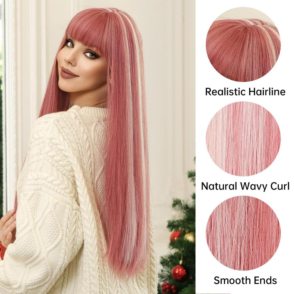 ALAN EATON Pink White Highlight Straight Wig Long Synthetic Wigs with Bangs Mixed Color Pink Party Wig for Women Cosplay Use