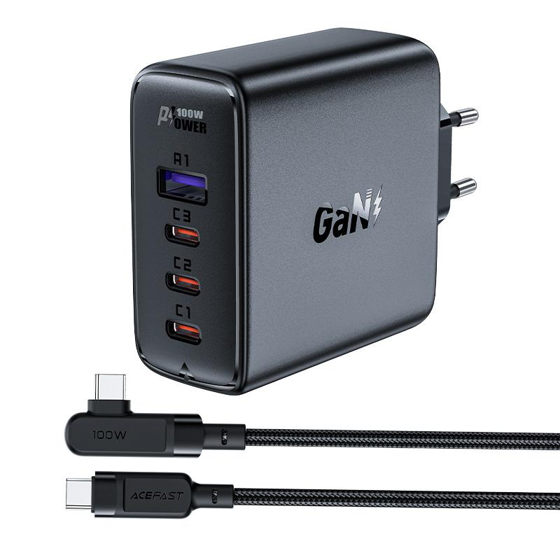 Acefast GaN Network Charger 100W Black, 3xUSB-C/1xUSB-A, Incl. 2m 100W Angled USB-C Cable