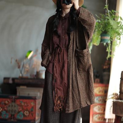 Женские тренчи с винтажным принтом и цветочным принтом, с карманами в стиле пэчворк, осенние хлопковые женские длинные тренчи в китайском стиле