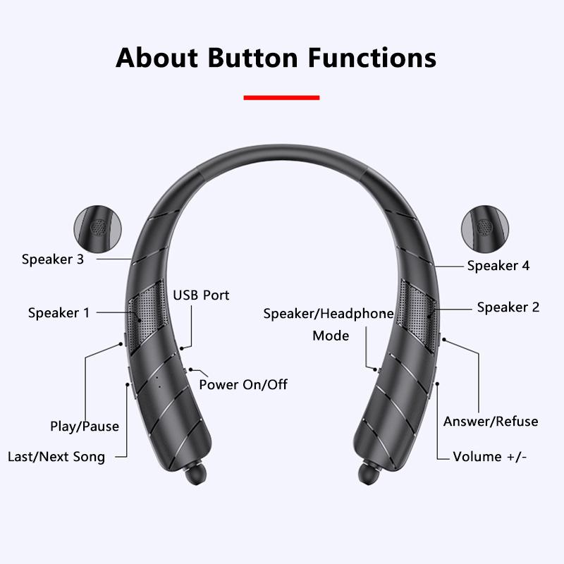 Bluetooth Neckband Headphone + Speaker 2 In 1 Large Capacity Subwoofer HiFi Super Bass With Telescoping Cable For Sport