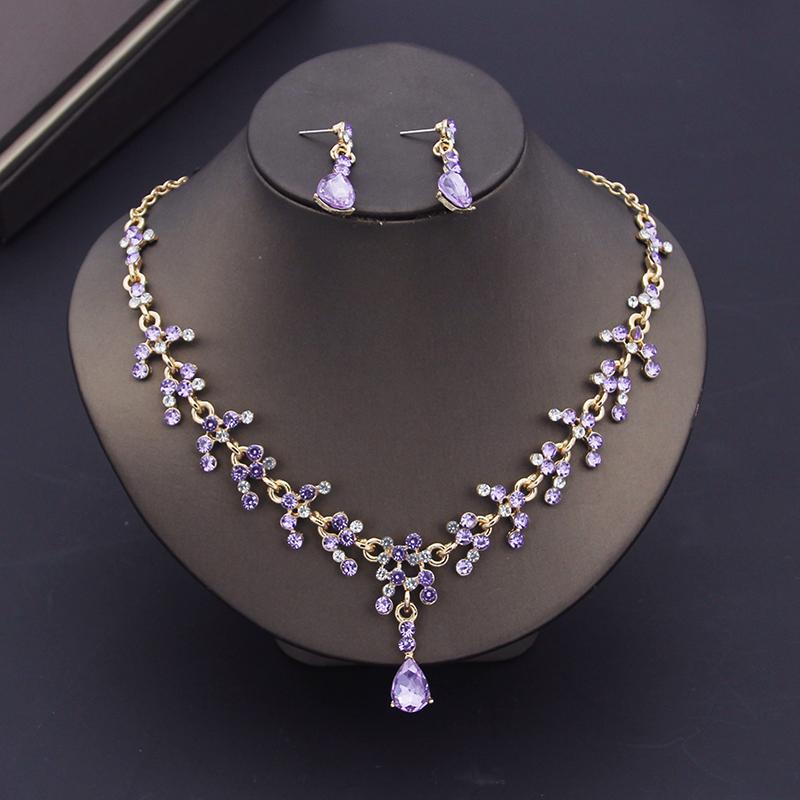Luxury Purple Crystal Bridal Jewelry Sets for Women Earring Wedding Choker Necklace Set Bride Jewelry Sets Accessories
