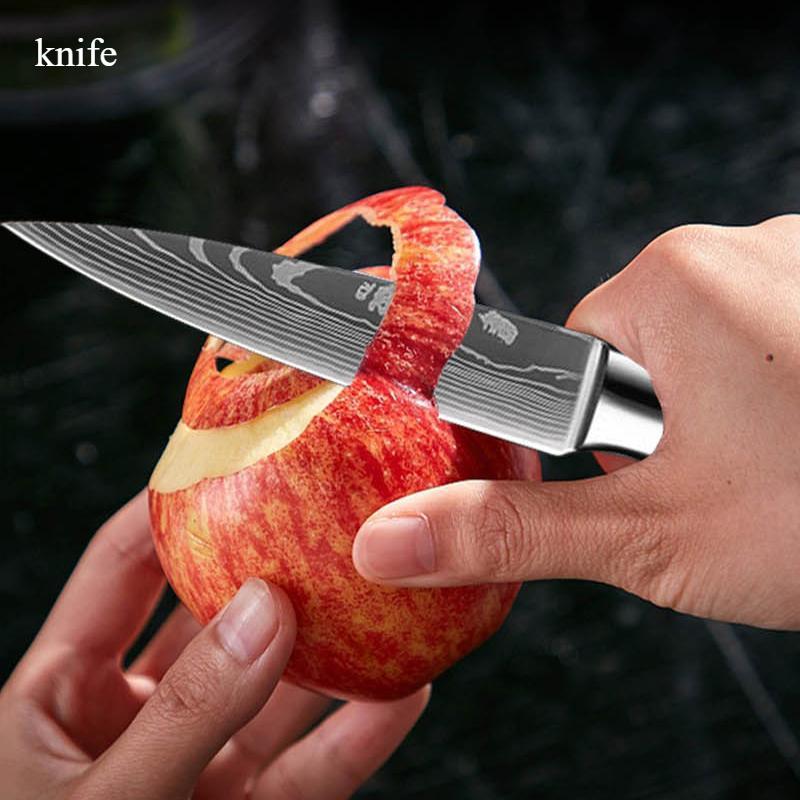 5 шт. Дамасский лазерный нож шеф-повара, кухонный нож западной кухни, нож сантоку, многоцелевой набор ножей и сумка для хранения
