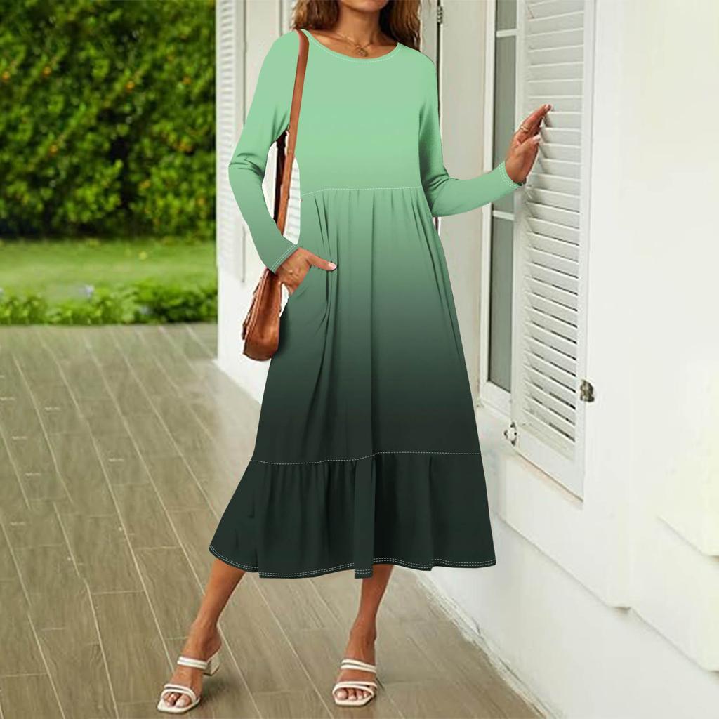 Women's Gradient Sequins Printed Casual Dress Spring Autumn Pocket Round Neck Long Sleeve Dresses