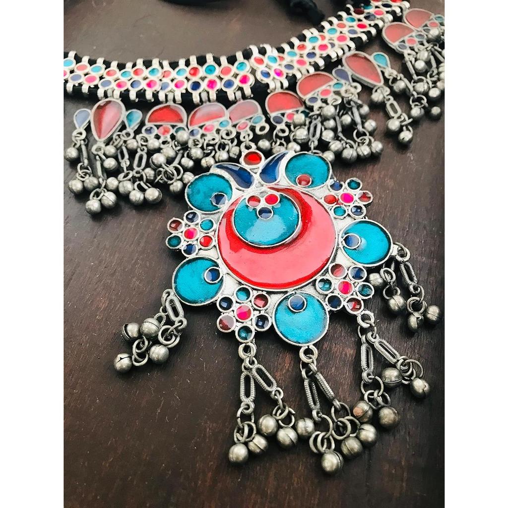 Антикварное серебряное оксидированное этническое тибетско-афганское богемное ювелирное колье-колье с большой подвеской с эмалью Минакари для женщин и девочек