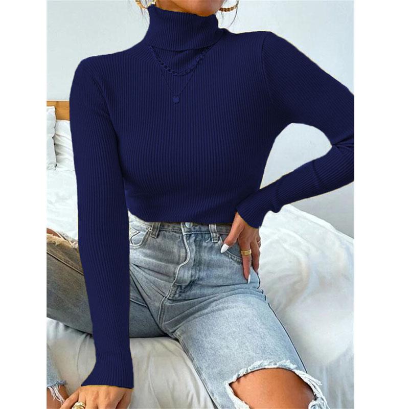 Осень-зима Женская футболка с длинным рукавом и высоким воротником, однотонные топы