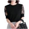 Green Tea Lace Sleeve Summer Short Sleeves Women's Top, Sleeve, See-Through (L, Black)