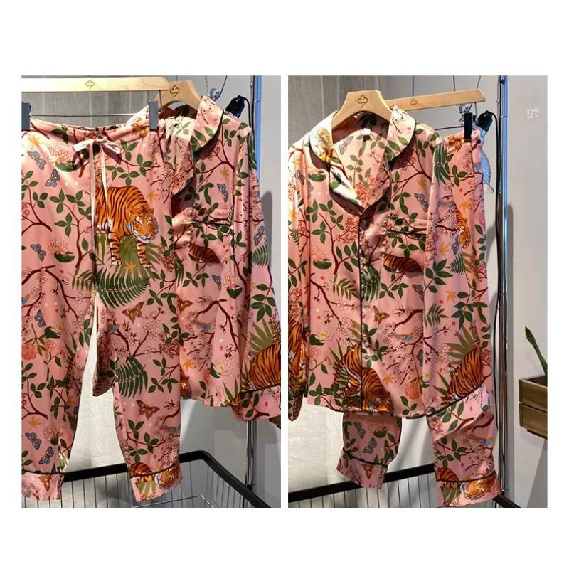 Новый комплект пижамы из искусственного шелка Jungle Tiger, женские розовые брюки с длинными рукавами, комплект из 2 предметов, женский шикарный домашний костюм