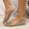 Fashion Summer 2025 Women Sandals Flat-soled Crystal Clogs Hollow Flat-soled Slip-ons Shallow Mouth Roman Jelly Shoes Beach Sandals