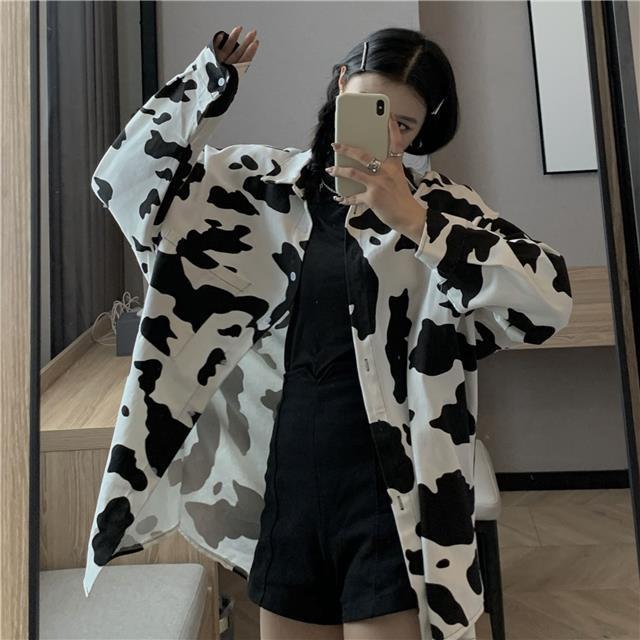 Большие размеры женские блузки с коровьим принтом Harajuku Colorblock Cartoon Button Up Shirt Свободные повседневные топы с длинным рукавом в винтажном стиле Streetwear