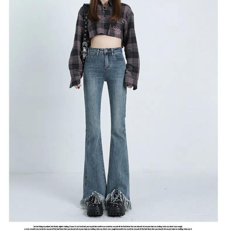 Ретро Мода Осень Победитель Клеш Джинсы Женские Потертый Край Кисточки Карманы Молния Эластичная Высокая Посадка Стройнящие Брюки Полной Длины