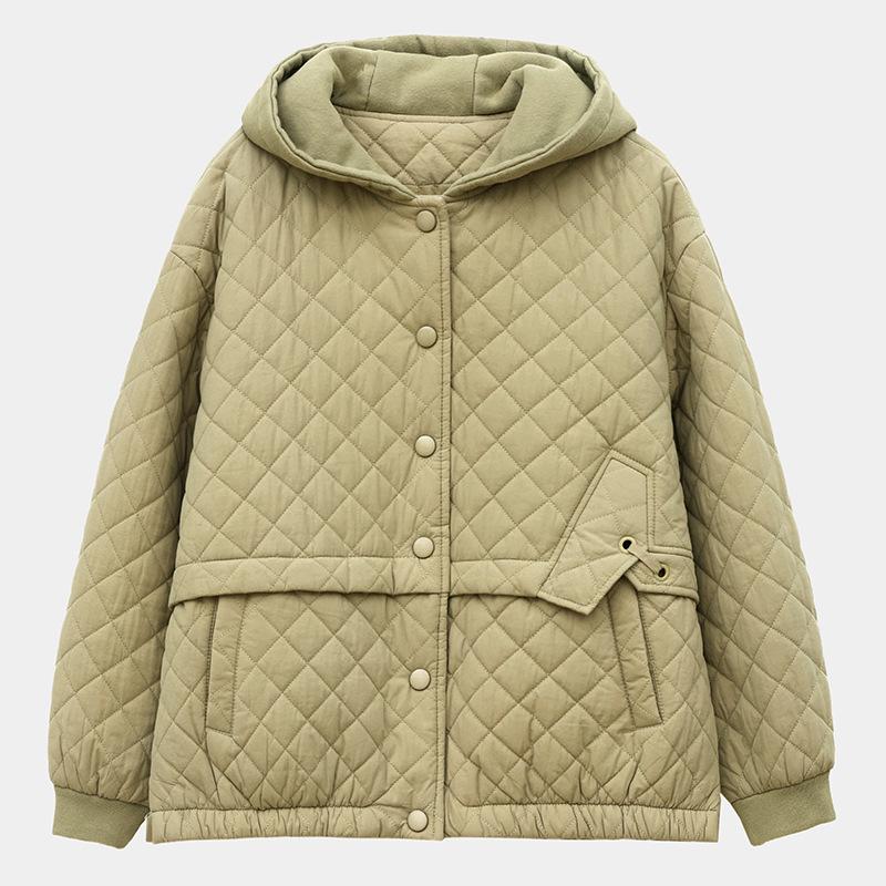 Women's Argyle Hooded Cotton Jacket 2024 - Thickened Short Coat for Autumn/Winter, Petite & Middle-Aged Styles