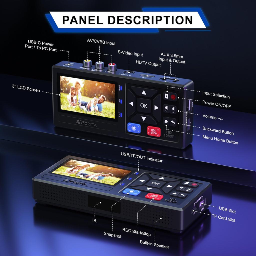 Portta Video Capture VHS Data Converter Видео Видео Цифровая машина Цифровое хранилище Видеокассета Кассета Дубляж Мини-издание Видеомагнитофон VHS Кассета AV
