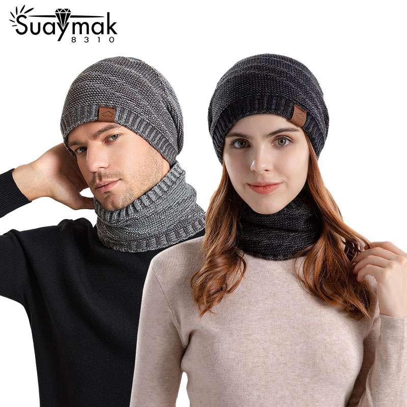 Winter Hat Scarf Suit Women's Fashion Korean Style Pullover Cap Men's Plus Velvet Outdoor Warm Knitted Woolen Hat