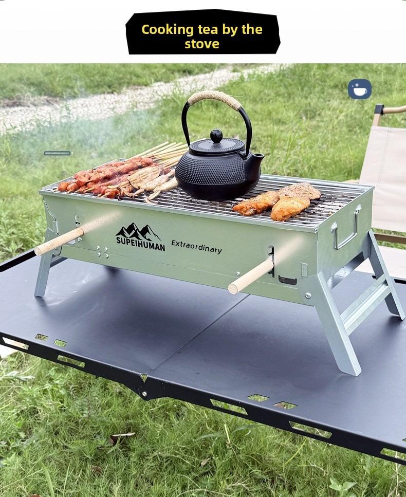 Portable Charcoal Grill for 3-5 People, Rectangular Carbon Steel Camping Grill