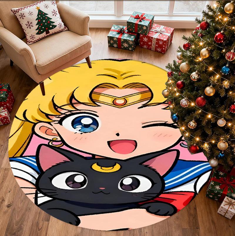 Sailor Moon Pattern Round Rug, Indoor/Outdoor Mat, for Picnic, Gameroom, Bedroom, Office, Living Room, Home Decor Carpet, Birthday Gift