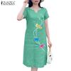 ZANZEA Женское повседневное свободное летнее платье с V-образным вырезом и коротким рукавом с вышивкой