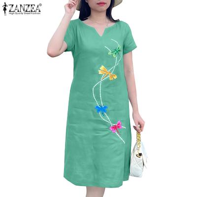 Женское повседневное свободное летнее платье с V-образным вырезом и коротким рукавом с вышивкой