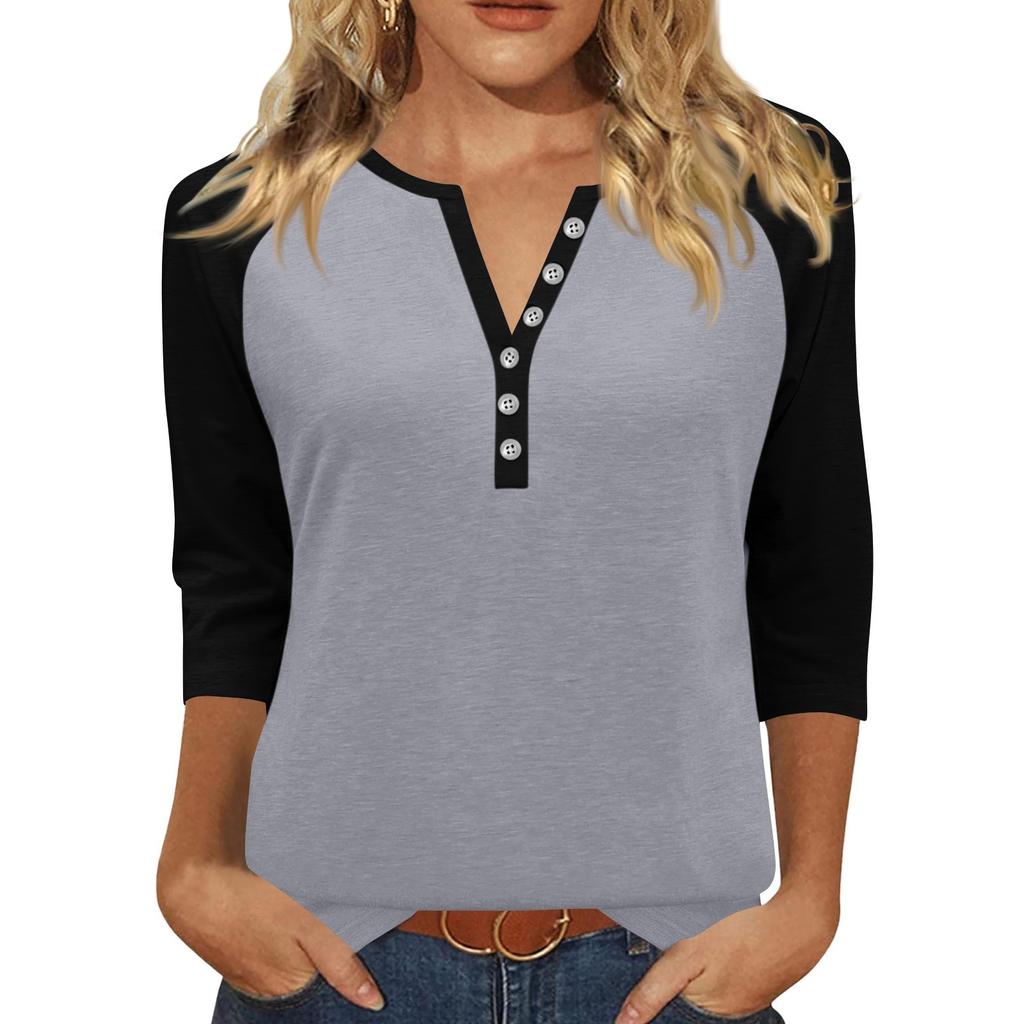 Жен. Футболка С принтом Пуговицы Рукав 3/4 Повседневные Выходные Мода Классический Классический V-образный вырез Обычный Верх