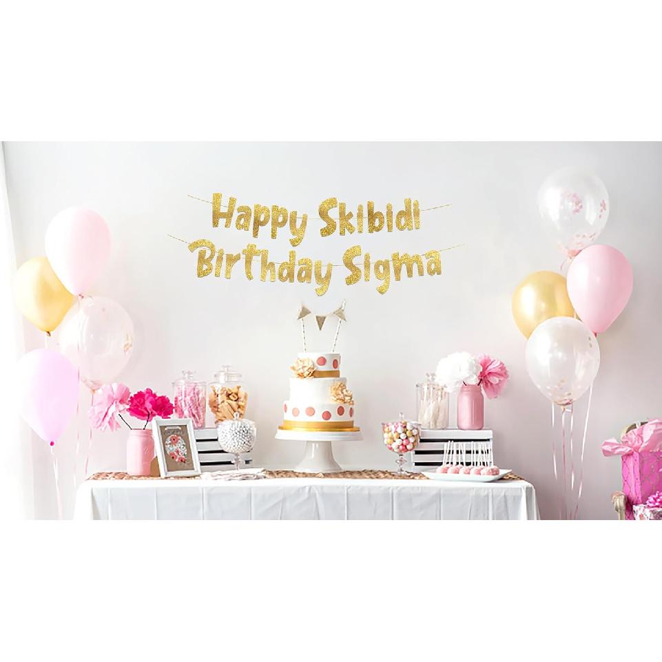 Happy Skibidi Birthday Sigma Gold Glitter Banner - Gen Z Slag - Funny Zoomer Birthday Decorations, Favors, Supplies, Ideas and Gifts