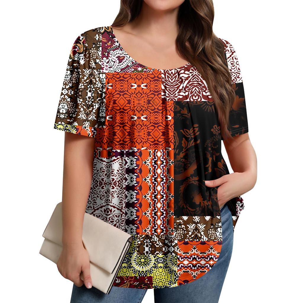 Plus Size Women's Casual Round Neck Pleated Short Sleeve Solid Color Top