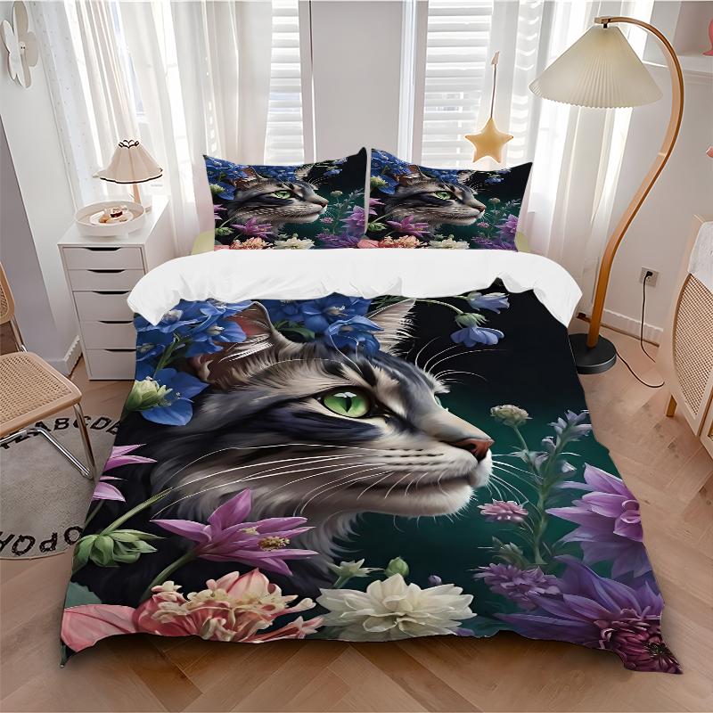 3Pcs Cat Amidst Floral Splendor Bedding Set Soft Fabric Duvet Cover Pillowcases Home Christmas Xmas Halloween Gift 1 Duvet Cover 2 Pillowcase G116