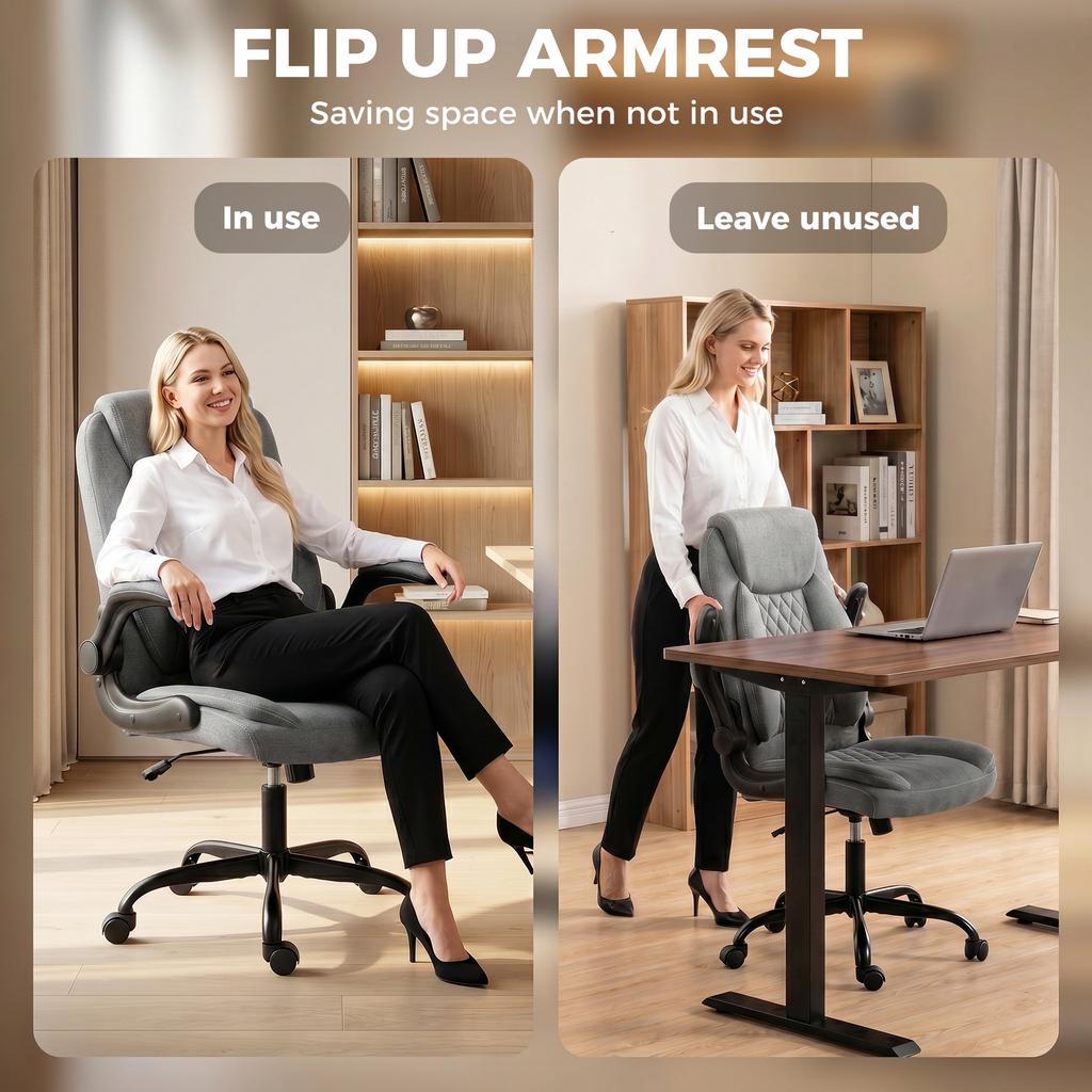 Linen Look Computer Desk Chair Executive Office Chair With Flip Up Armrests And Thick Cushion Grey