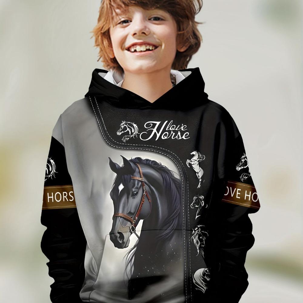 Boys' Hooded Sweatshirt, Long Sleeve, Running Horse Print, Children's Spring and Autumn Clothing, Fashionable Outdoor Pullover