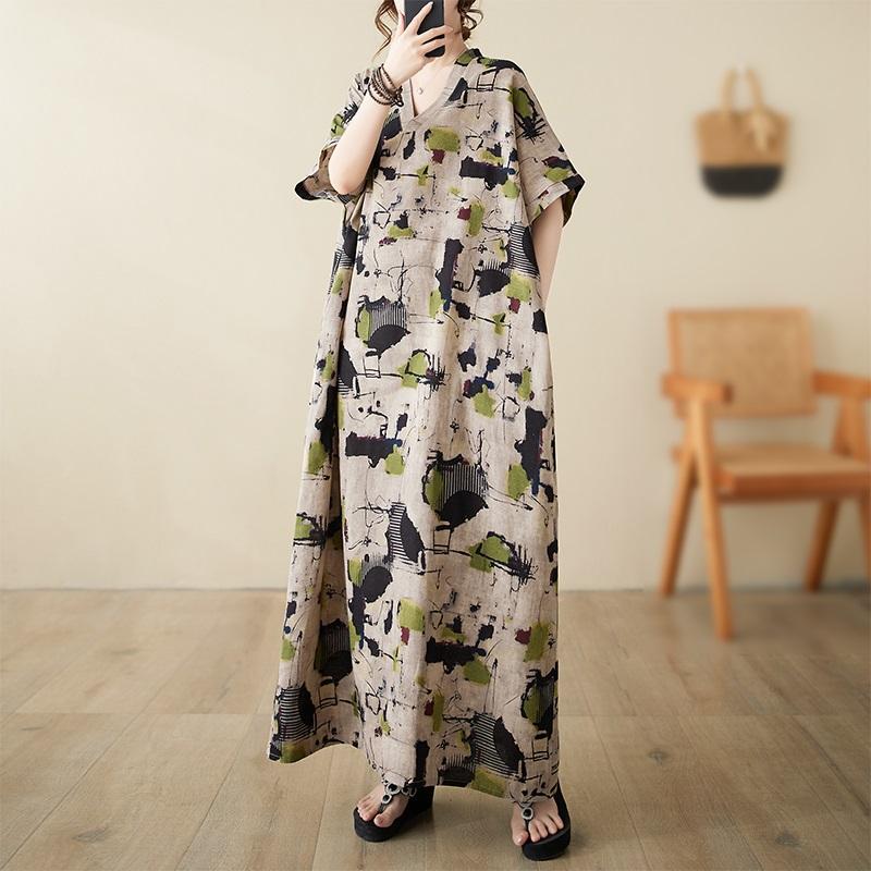 Новое хлопковое винтажное платье с цветочным принтом больших размеров с короткими рукавами для женщин, повседневное свободное длинное летнее платье макси