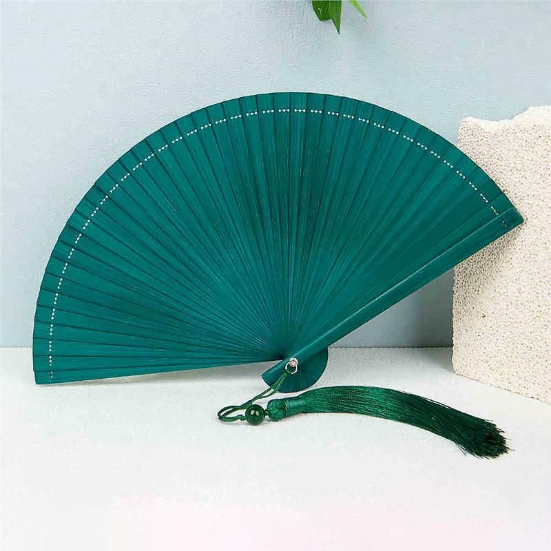 1Pc Folding Fan Handmade With Tassels Handcraft New Year's Gift Vintage Bamboo Chinese Style Solid Color