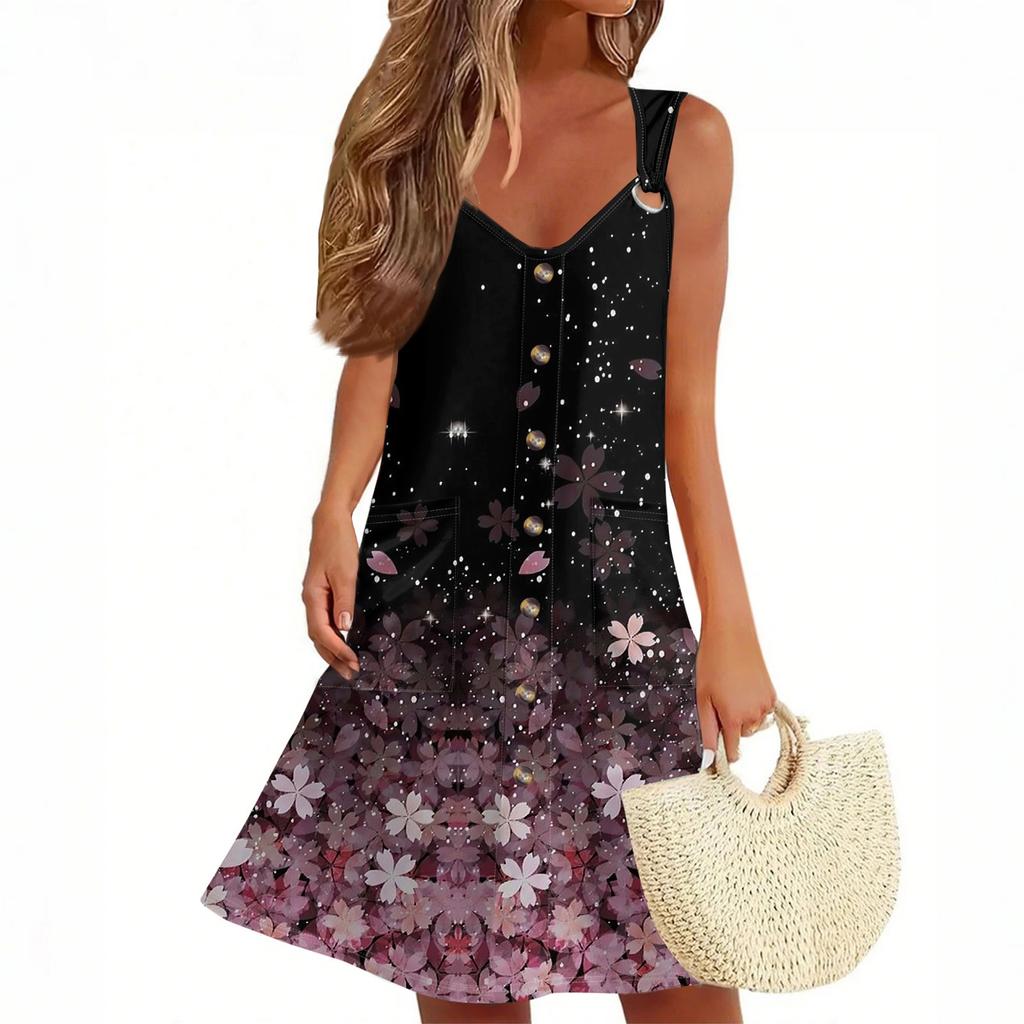Женское летнее платье с карманом без рукавов сарафан с цветочным принтом