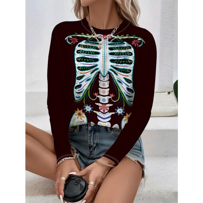 Round Neck 3D Skull Printed Top Casual Long Sleeved Women's T-shirts - Soft Medium Stretch Polyester Fabric Spring and Autumn Relaxed Fit Clothing