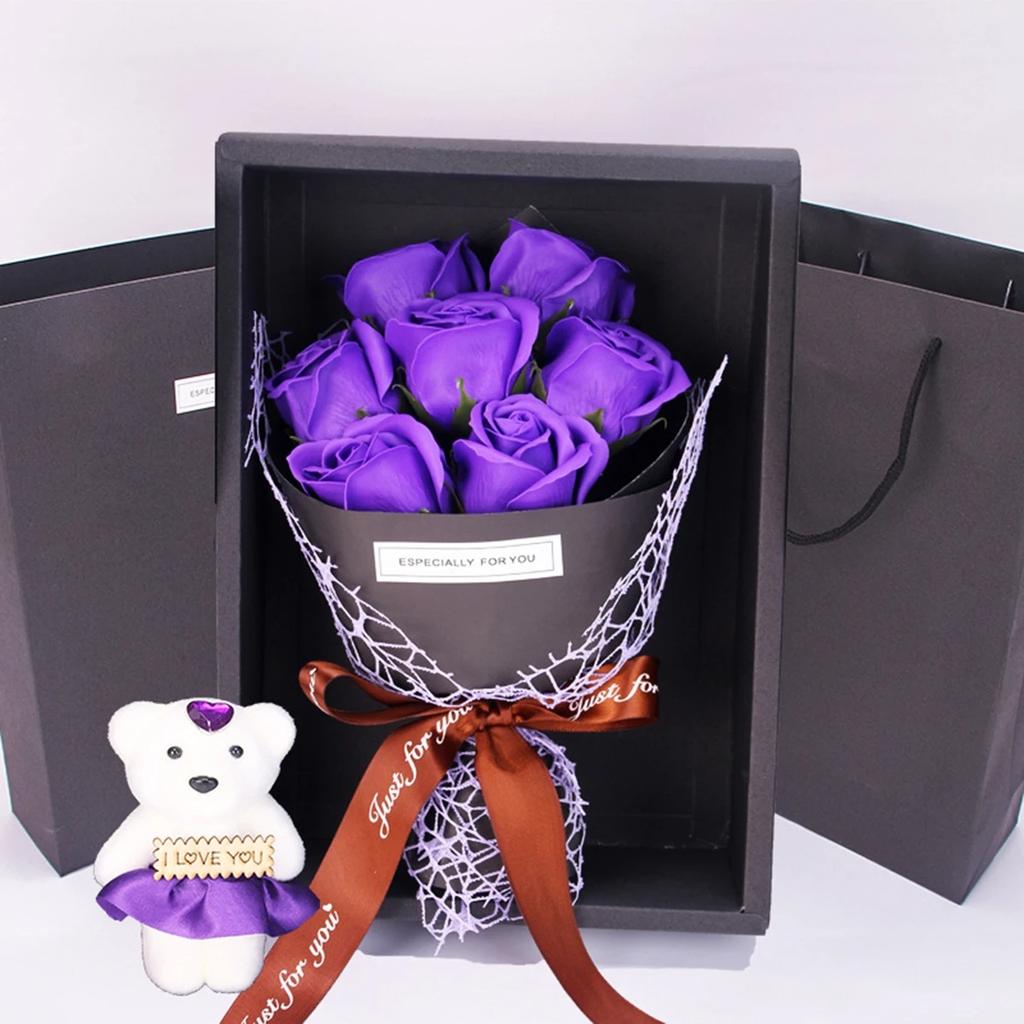 7 Heads Artificial Rose Bouquet Little Bear Gift Box Handmade False Flower Bouquet Mother's Day Birthday Party Gifts Home Decor