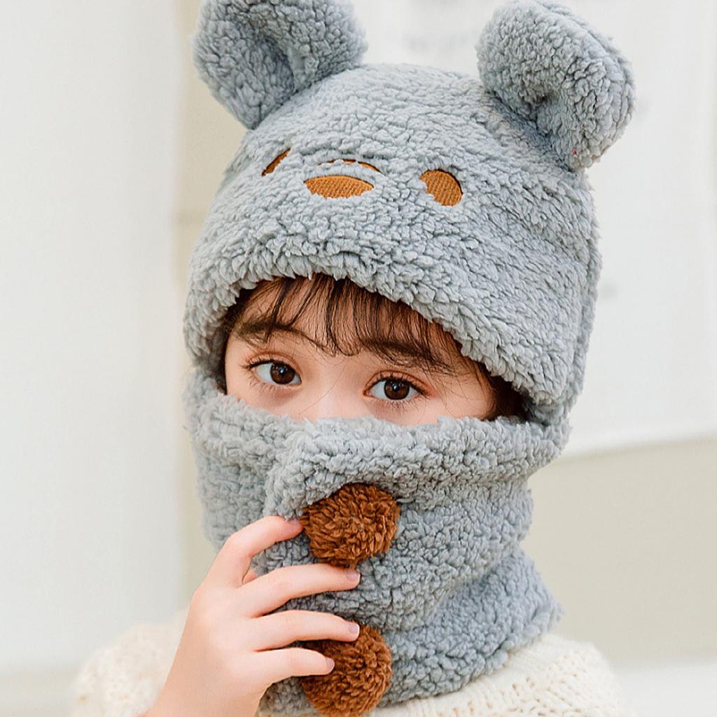 Милая шапка-плюш в виде медвежонка, мультяшная цельная шапка-шарф для детей, мальчиков и девочек, зимняя теплая флисовая шапка-балаклава, 6-9 лет