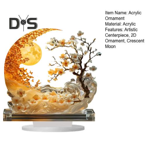 Moon Acrylic Ornament 2D Moon And Plum Tree Decoration Crescent Moon Centerpiece with Base for Home Mantel Dinning Table Desk Decor