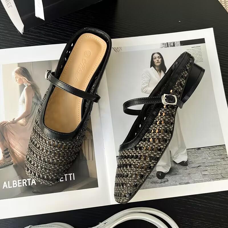 Baotou Half-drag Women's Summer Thick Heels Woven Hollowed-out Mary Jane Cool Slippers Women's Outer Wear Women's Shoes