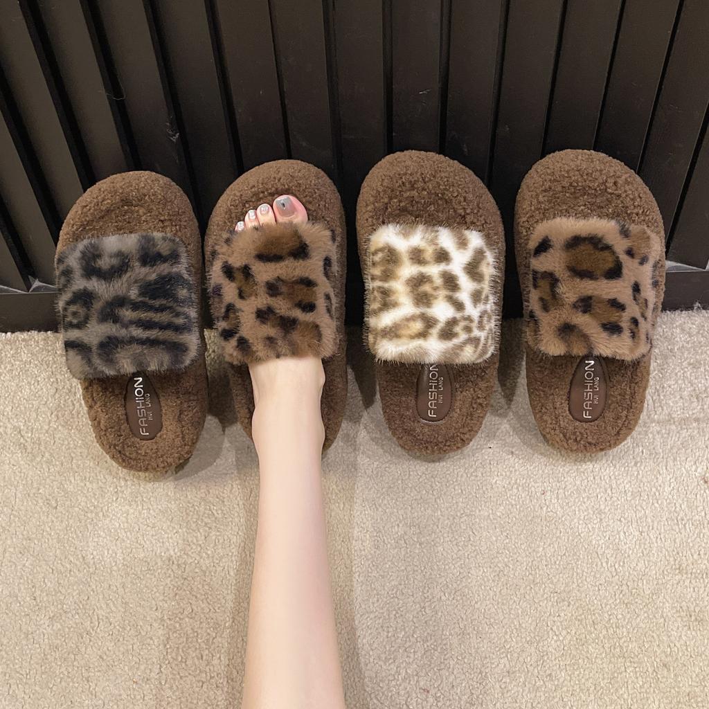 2025 осень новые корейская версия леопардовый принт толстая подошва пушистые тапочки женские носят с открытым носком плюшевые домашние хлопковые тапочки маленький размер