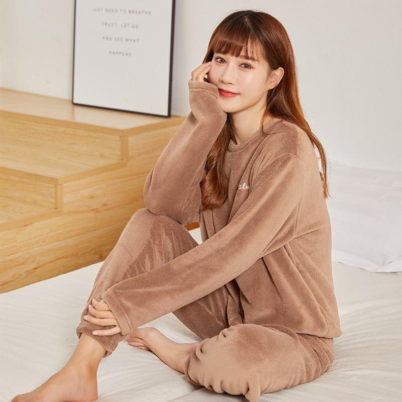 Women's Flannel Warm Home Sleepwear Sets Solid Color Round Neck Fleece Thick Pullover Lady Pajamas Long Sleeve Pants Casual 2Pcs
