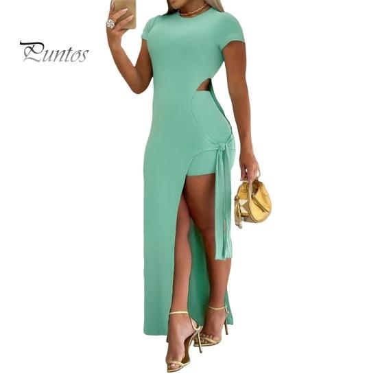 Женское сексуальное платье макси, комплект с коротким рукавом, круглым вырезом, боковым разрезом, облегающее платье с коротким летним костюмом для вечеринок, повседневных клубов