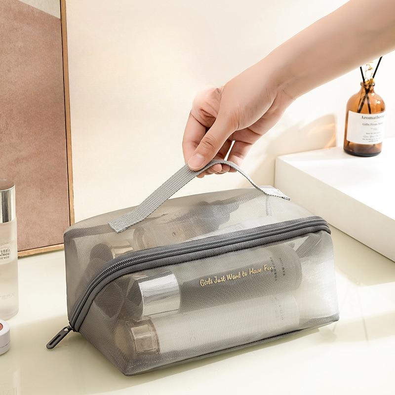 Mesh Transparent Storage Makeup Bag, Portable Cosmetics, Large Capacity Nylon Mesh Bag