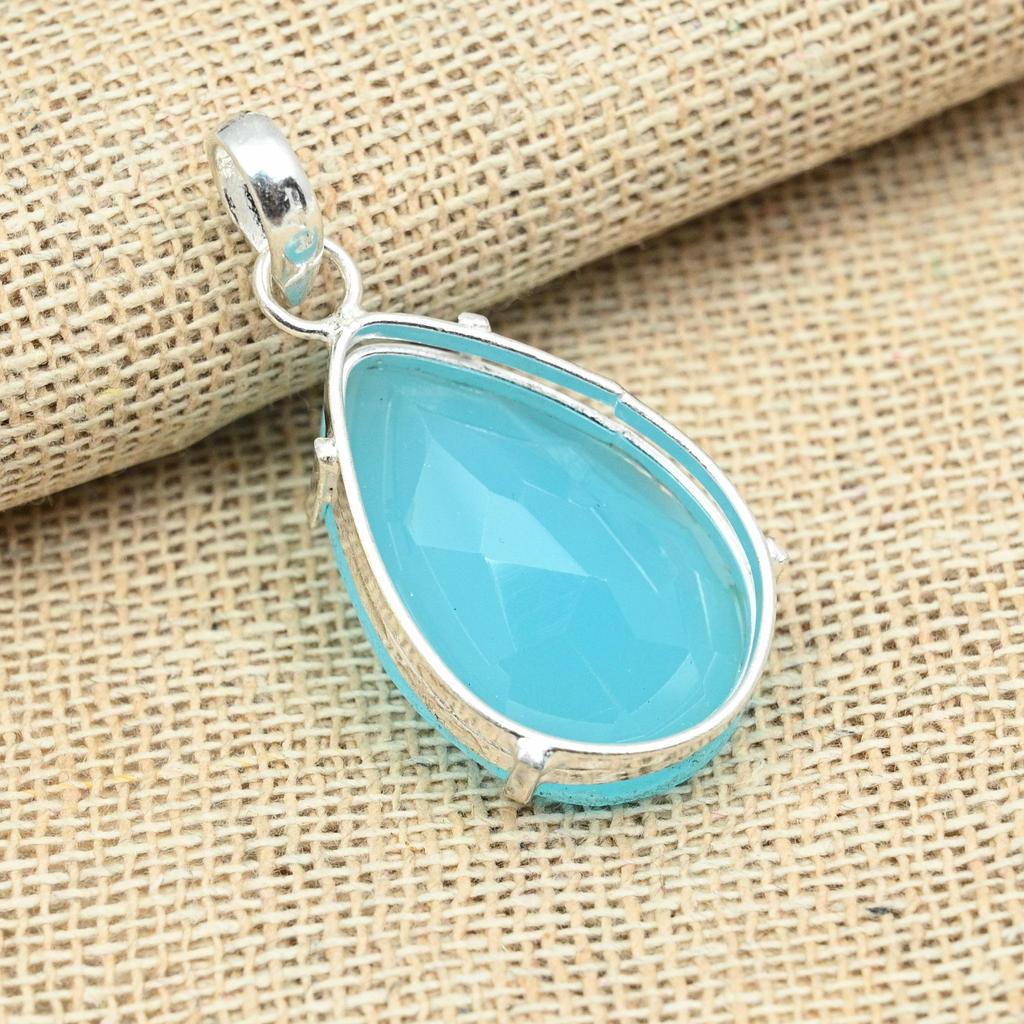 Faceted Blue Chalcedony Gemstone 925 Solid Silver Handmade Women's Jewelry Pendant