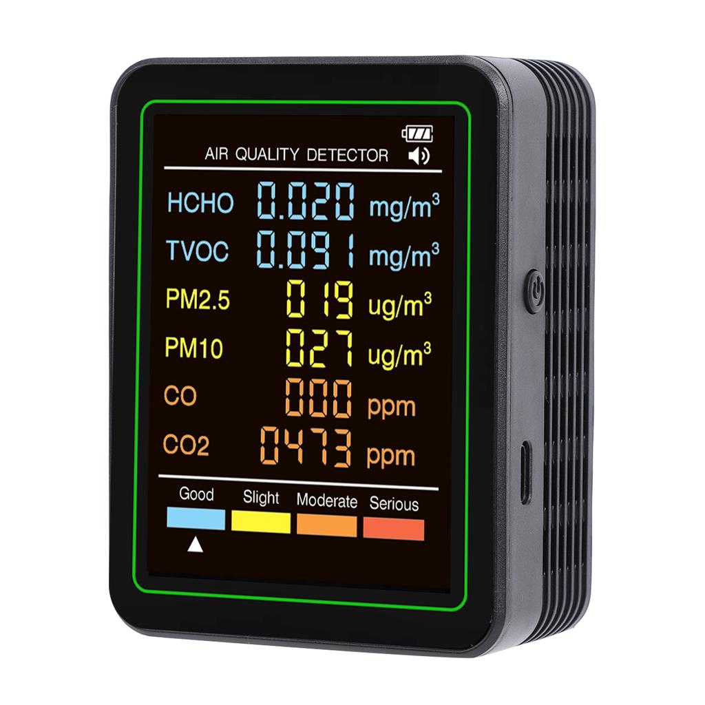 6-в-1 Монитор качества воздуха с обнаружением CO CO2 TVOC HCHO PM2.5 PM10, Инфракрасный датчик, Цветной ЖК-экран, Портативный, для дома